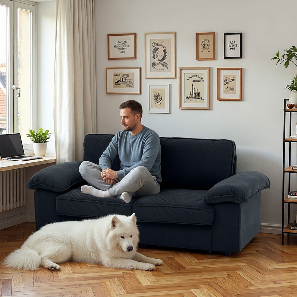 Divano 2 posti con contenitore - Xylo - Design cloud, tessuto morbido, nero