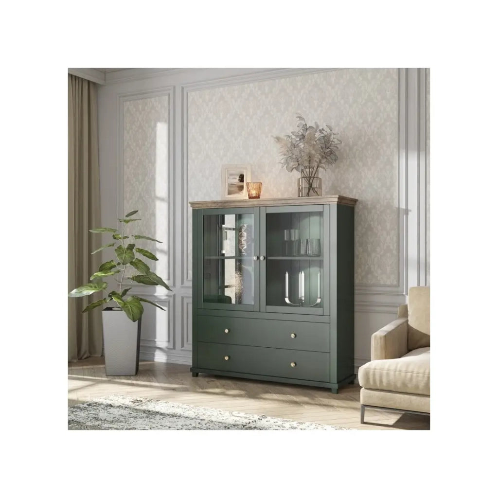 Credenza collezione ASSIA. Colori verde e rovere. 2 Porte e 2 Cassetti