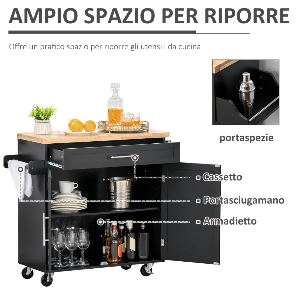 EasyComfort Carrello da Cucina Multiuso con Cassetto, Ruote, Portaspezie e Armadietto, Mobiletto Cucina con Ripiano Regolabile, Portasciugamani e Piano in Legno di Caucciù, 109x40x89 cm, Nero