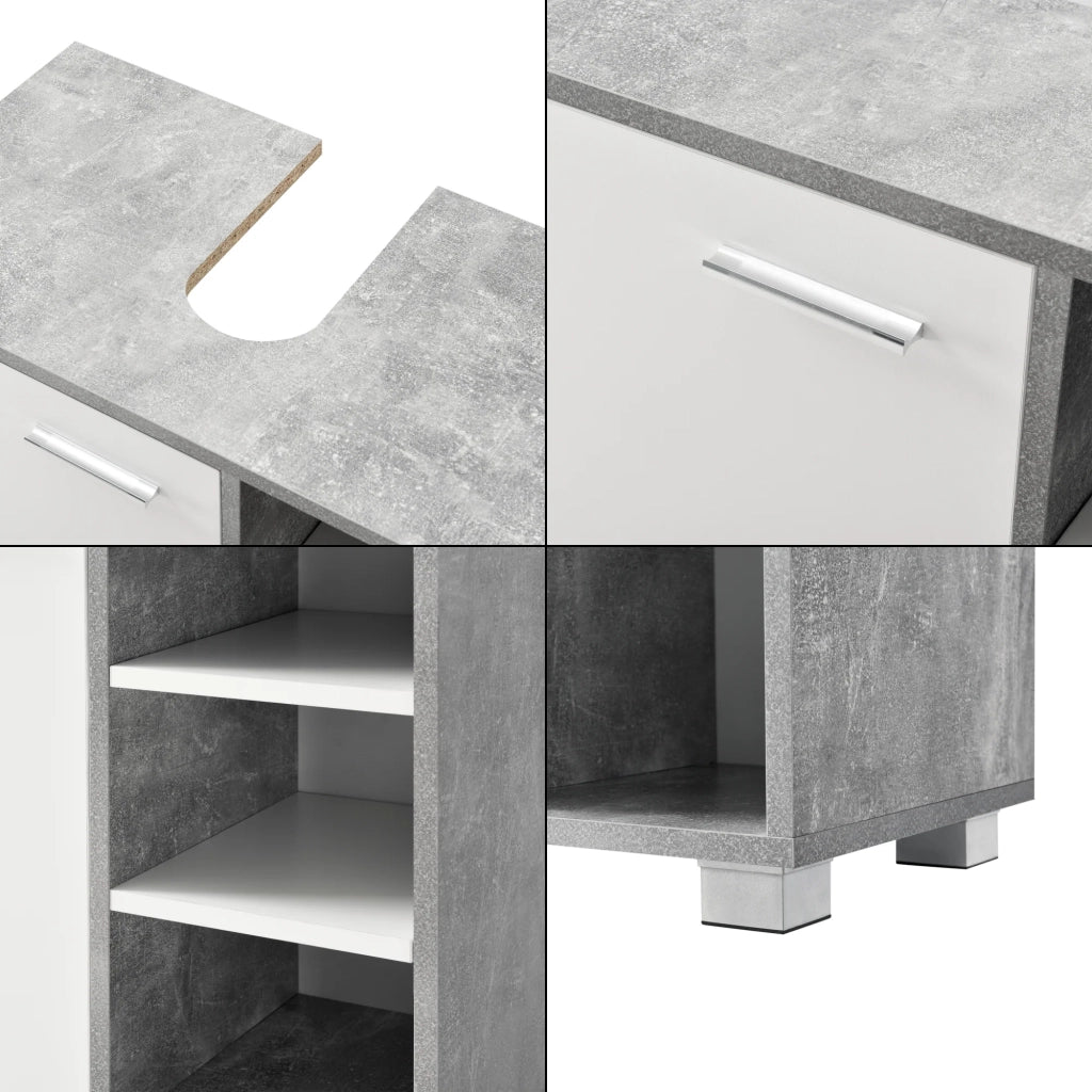 Mobiletto sottolavabo di design mobiletto per il bagno con 3 ripiani pannello di particelle rivestito in melaminico 56 x 60 x 31 cm effetto cemento e bianco 03_0005857