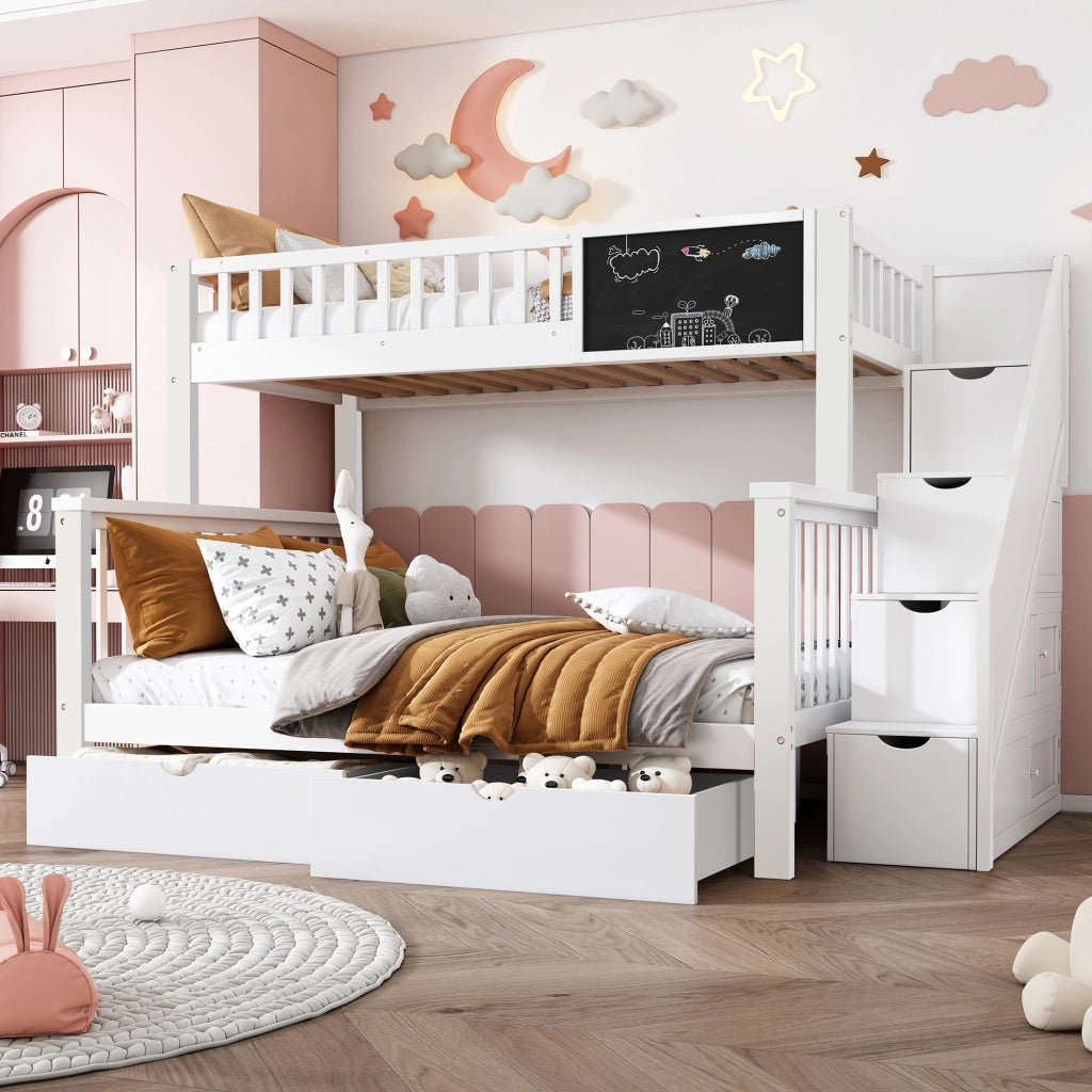 Letto a Castello 90x200 cm; Letto Singolo - Lavagna; Cassetti; Contenitore - Bianco