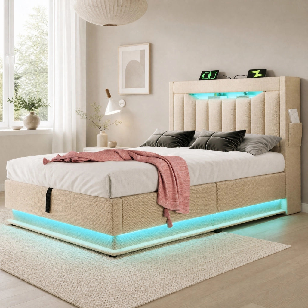 LETTO contenitore 90x200 cm in lino beige con LED e ricarica USB/Type-C