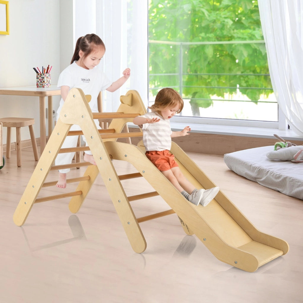 Set di arrampicata per bambini con scivolo 2-in-1, Arrampicatore in legno regolabile a gradi Naturale-Arrampicate e scivoli