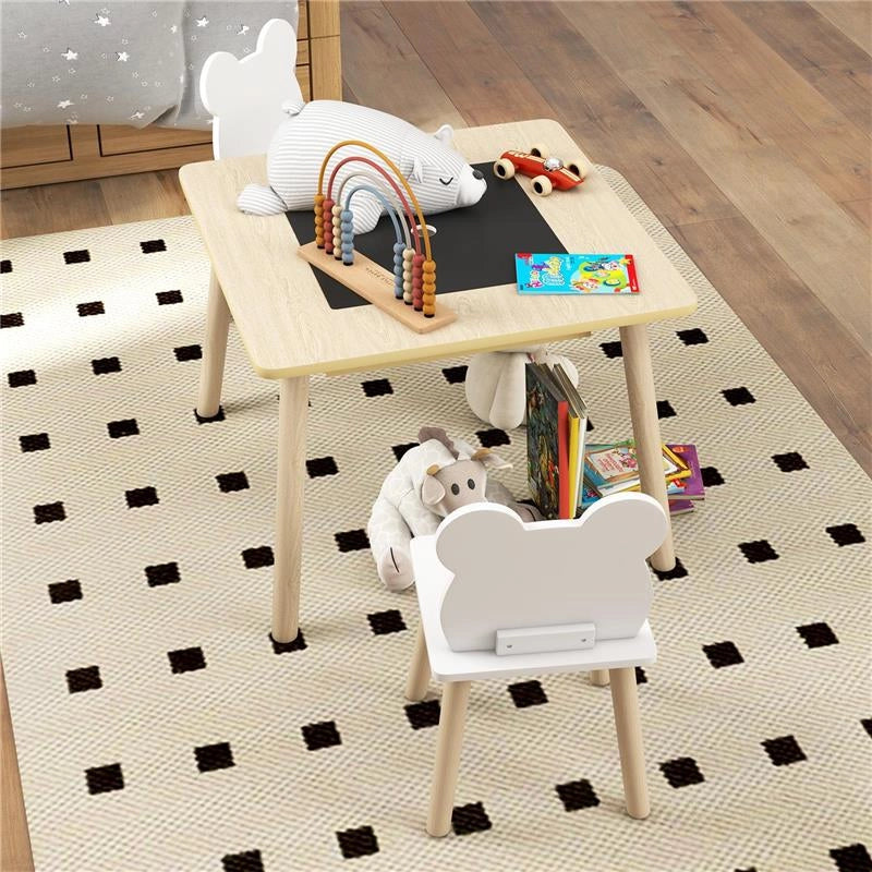 SET TAVOLO 3 IN 1 E 2 SEDIE PER BAMBINI CON SCHIENALE A ORSETTO, ETÀ 3-6 ANNI, COLORE LEGNO