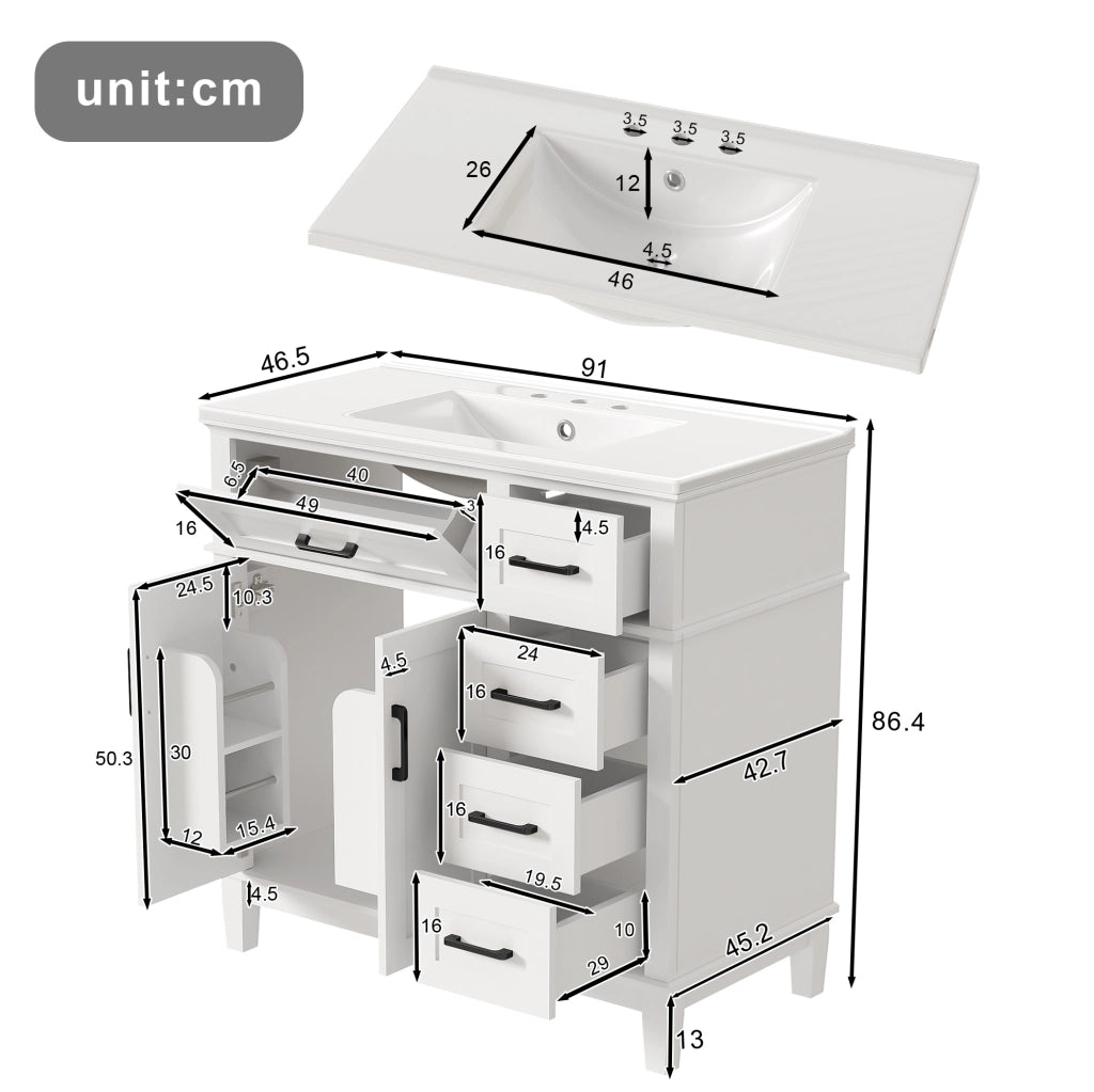 Mobile bagno da terra bianco con lavabo in ceramica 90 cm