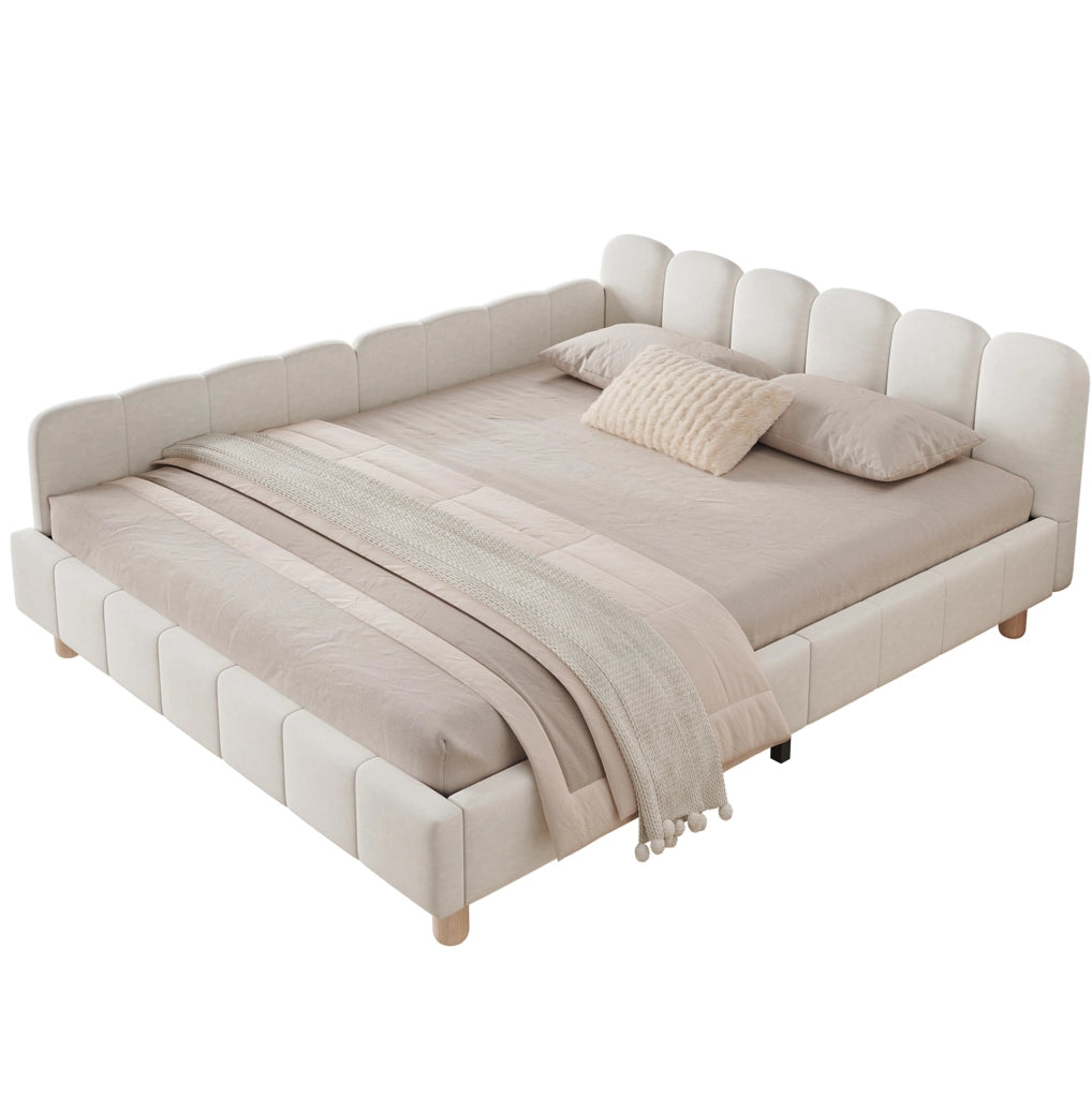 Letto imbottito per bambini con testiera ergonomica e tasche laterali in velluto beige