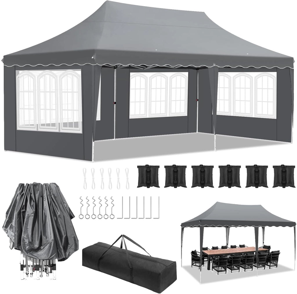 Gazebo 3x6 Pieghevole Impermeabile, altezza 290–300–310 cm, Protezione UV 50+, Tenda con 4 Pareti Laterali, 12 Ganci, 6 Corde e 6 Sacchi di Sabbia, Gazebo da Giardino per Campeggio, Matrimoni, Grigio