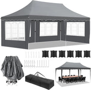 Gazebo 3x6 Pieghevole Impermeabile, altezza 290–300–310 cm, Protezione UV 50+, Tenda con 4 Pareti Laterali, 12 Ganci, 6 Corde e 6 Sacchi di Sabbia, Gazebo da Giardino per Campeggio, Matrimoni, Grigio