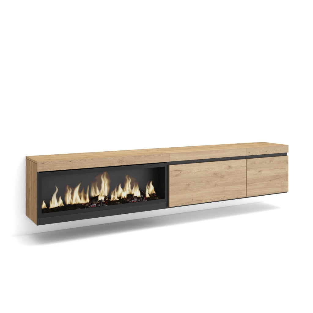 Mobile TV Soggiorno, 237x35x45cm, TV di grande formato, Camino elettrico XXL, da appendere, colore Rovere RF3591