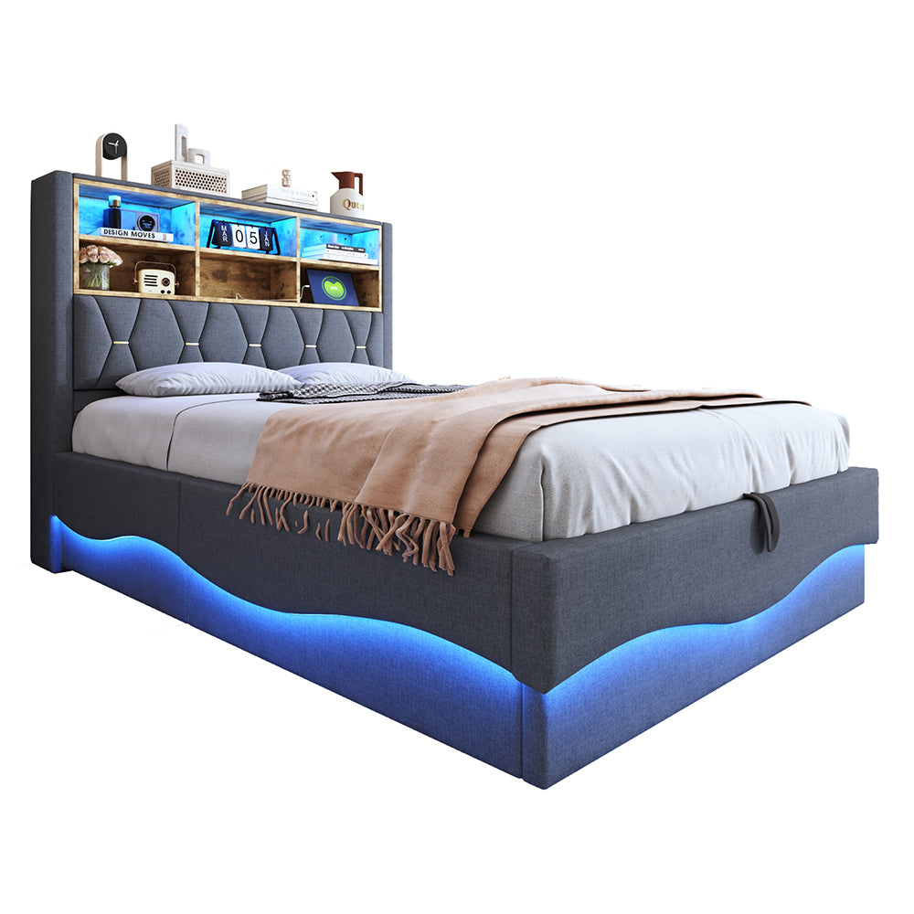 Letto-Xylo-140x200 cm-LED app, USB, metallo, lino grigio