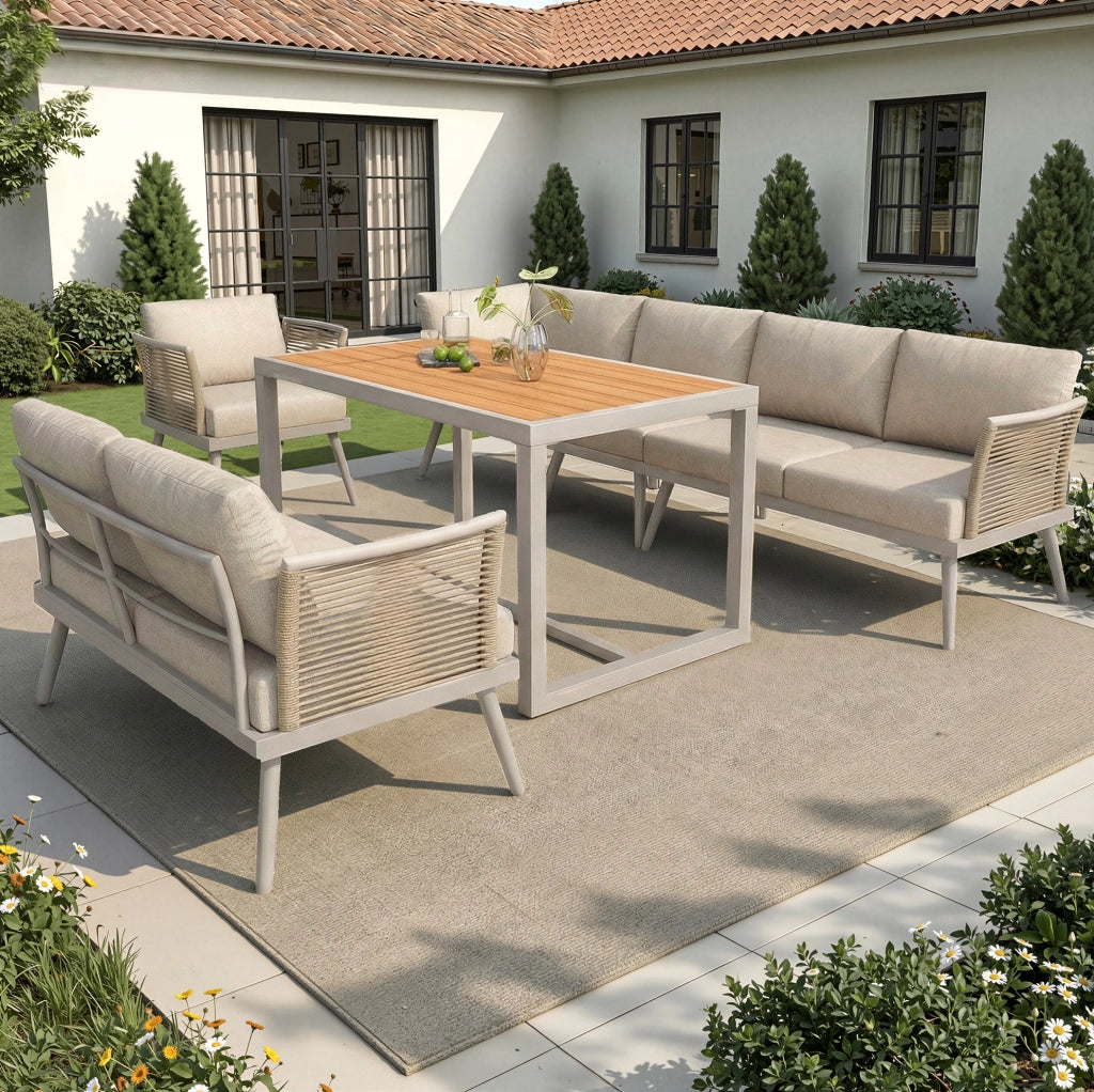 Set da giardino 7 posti con divani componibili e tavolino; ferro beige