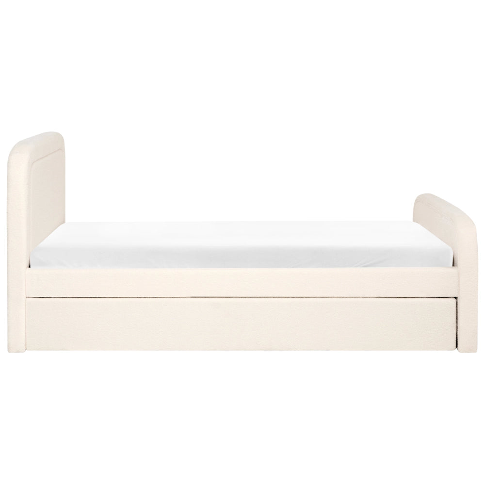 Letto singolo con secondo letto a scomparsa in tessuto Boucle 90 x 200 cm con rete a doghe rivestimento trapuntato beige chiaro camera da letto cameretta