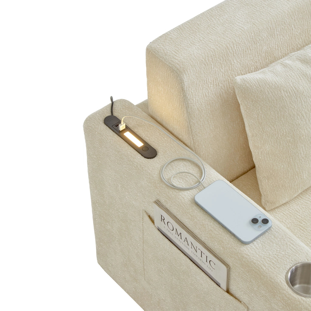 Divano letto 2 posti pieghevole con USB; portabicchieri e tasche laterali; beige