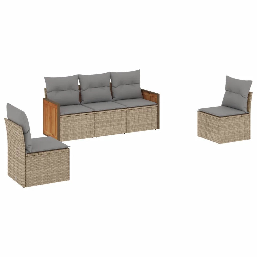 Set Divano da Giardino 5 pz | Set Salotto da Giardino con Cuscini Beige in Polyrattan