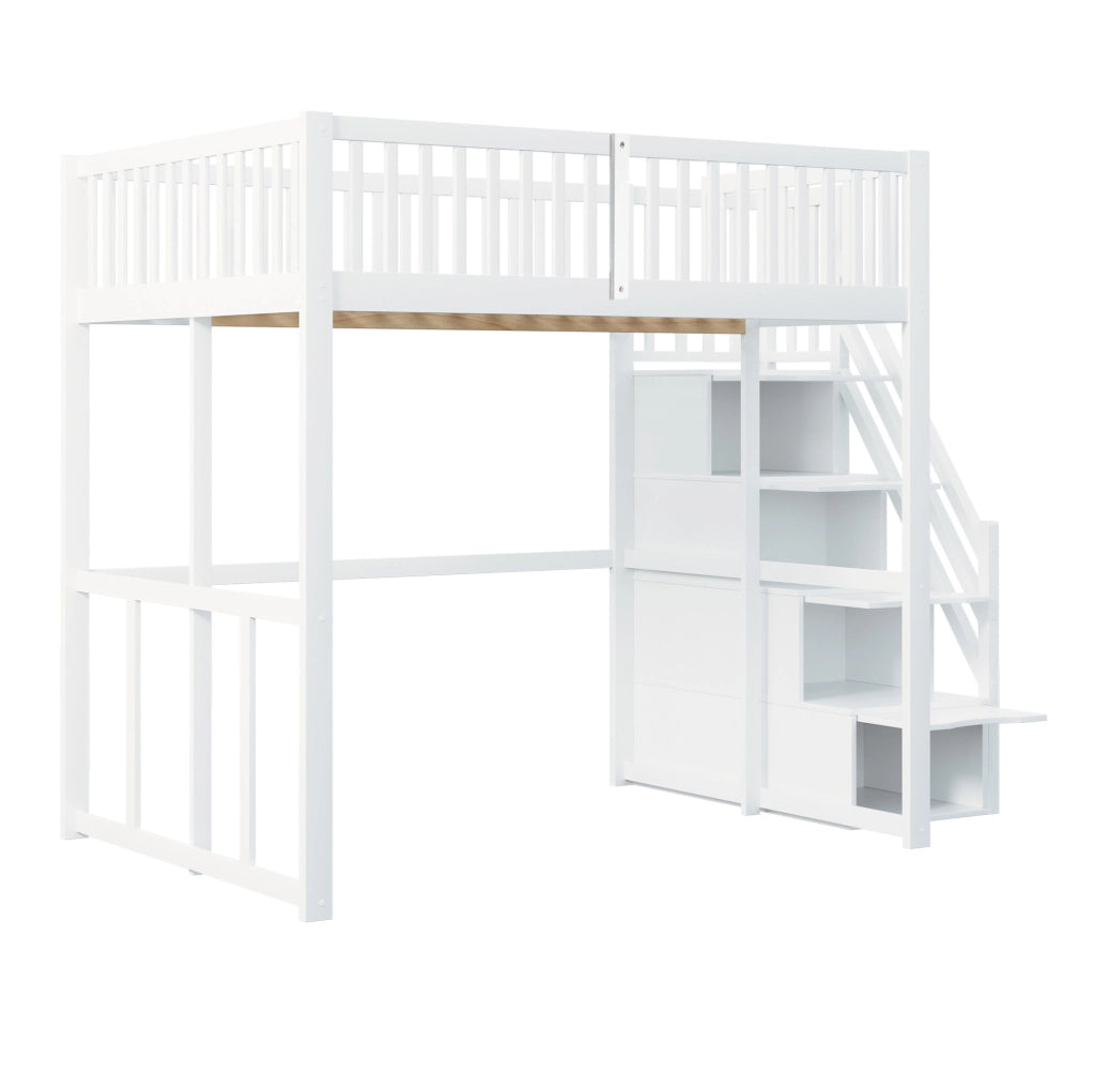 Letto a soppalco 140x200 cm bianco con scala contenitore