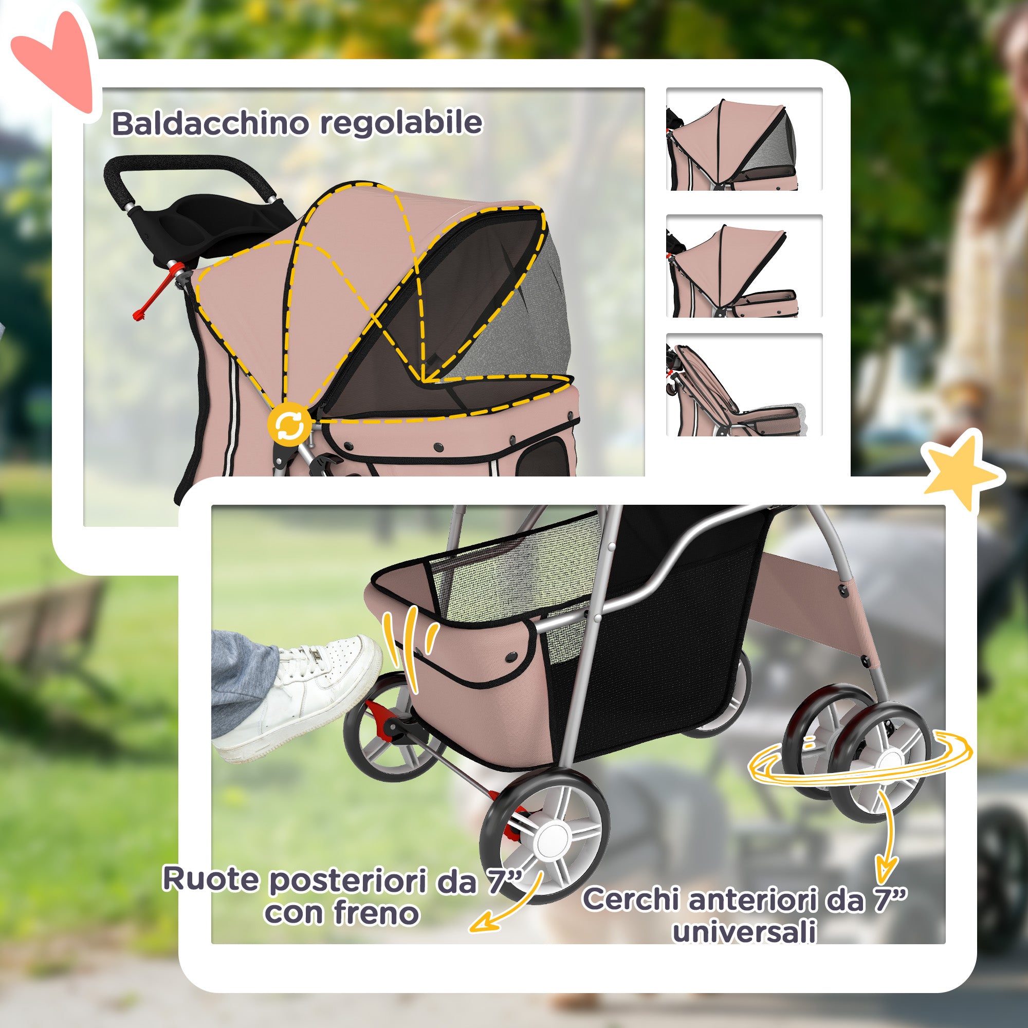 Passeggino per Cani Pieghevole con Catarifrangenti Freni e Cuscino Lavabile Caffè