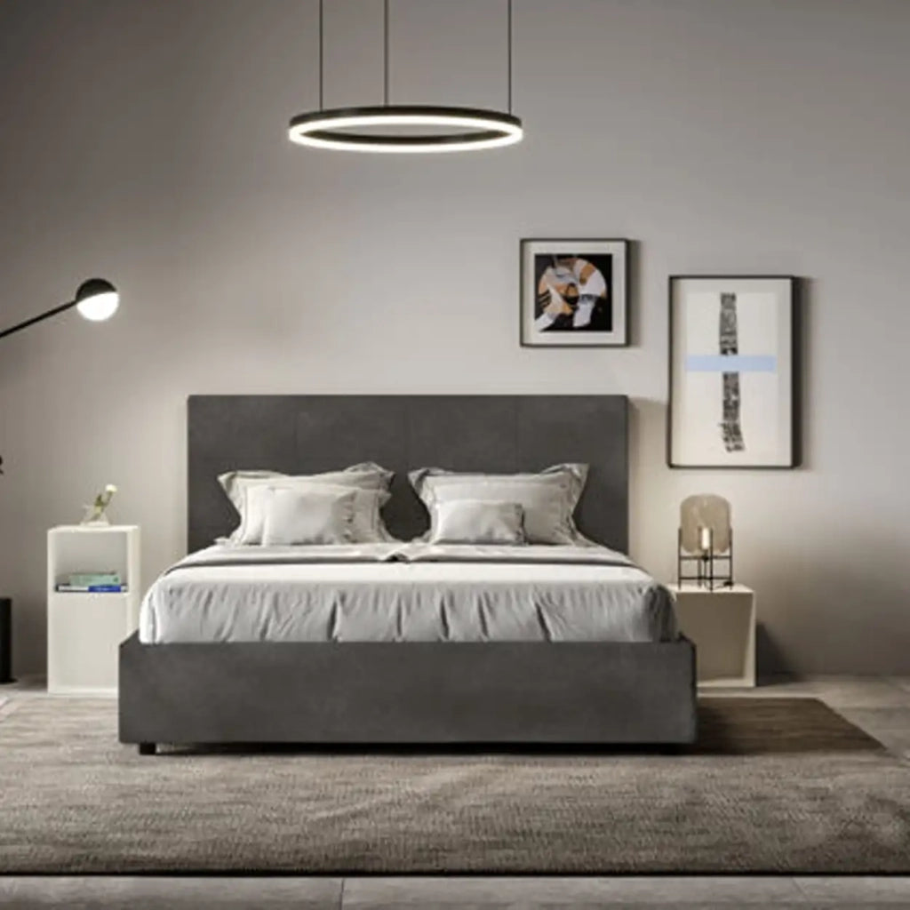 Letto matrimoniale francese con rete imbottito 140x190 microfibra grigio Mika