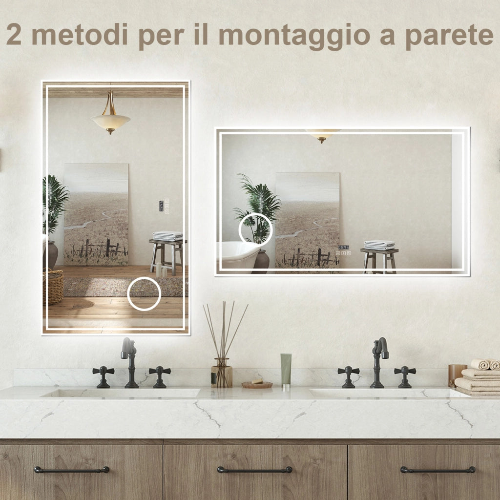 Specchio bagno Rettangolare 140x80cm Led Con 3 Luci + 3X Lente d'ingrandimento + Bluetooth + Oro + Antiappannamentologio
