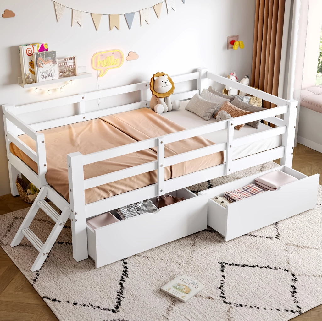 Letto piattaforma 90 x 200 cm con sponde protettive e 2 cassetti bianco