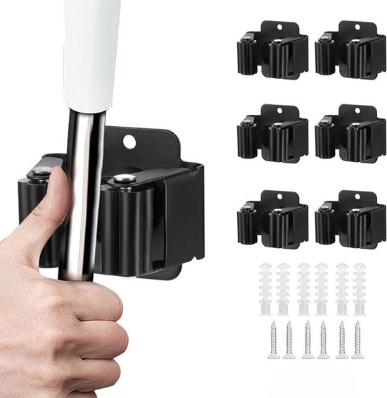 Supporto per spazzola 6 in 1, supporto per muro, supporto per mopa per bagno, cucina, giardino, garage e ufficio - nero
