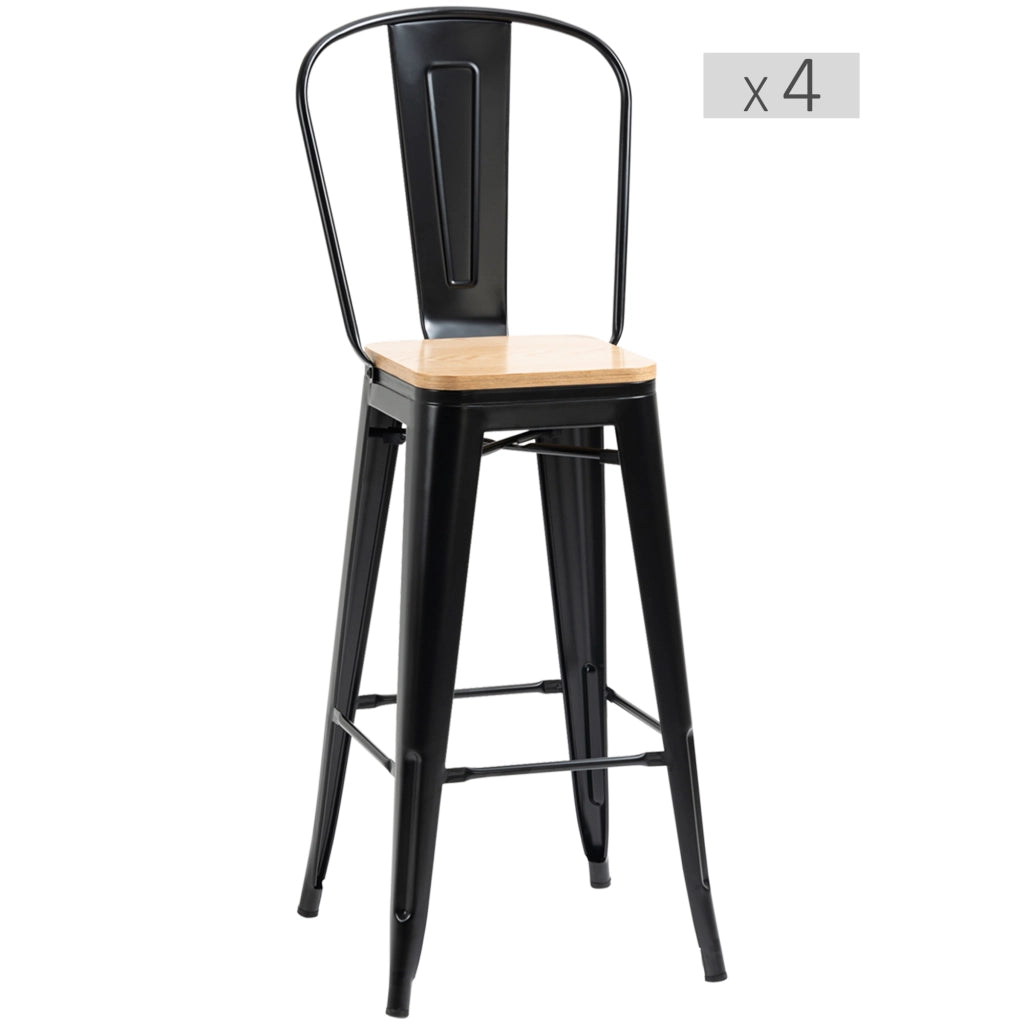 Set di 4 sgabelli da bar con schienale e poggiapiedi ¨C zephmum ¨C metallo nero e multistrato chiaro 76 cm