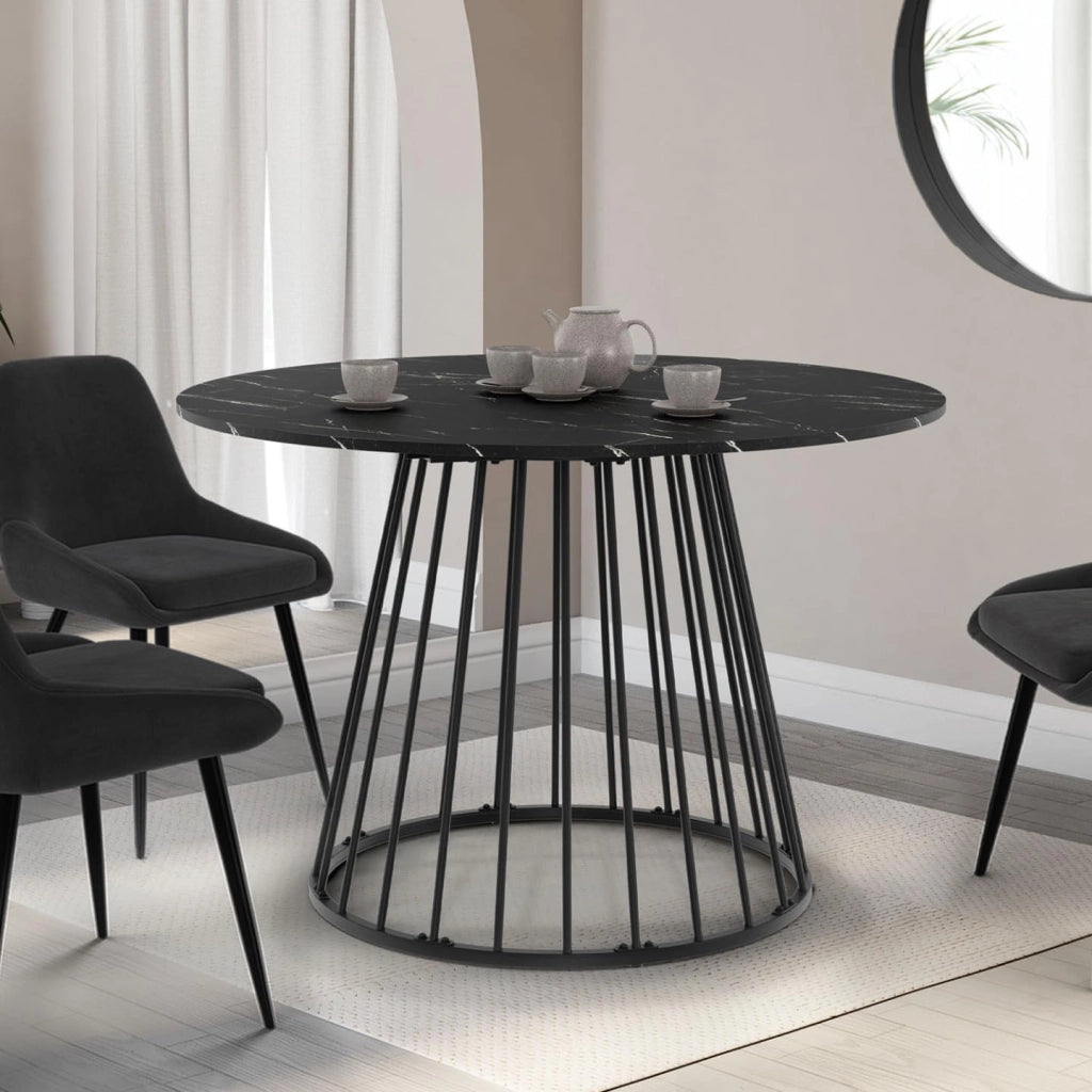 Tavolo da pranzo rotondo per 6 persone YUNA con piano in marmo nero effetto ALASKA e gamba in filo metallico nero 110 cm