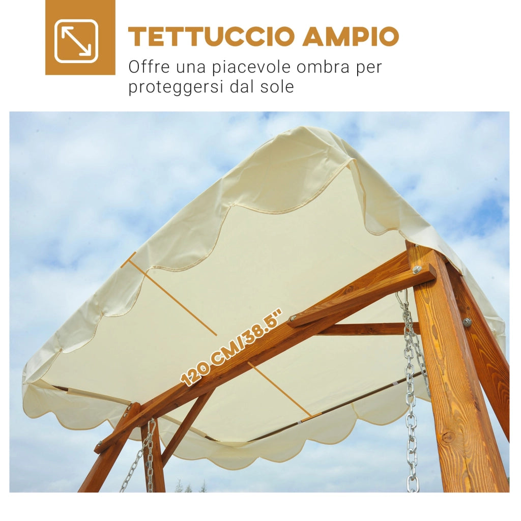 Dondolo da Giardino 2 Posti in Legno di Pino con Tettuccio Parasole Bianco