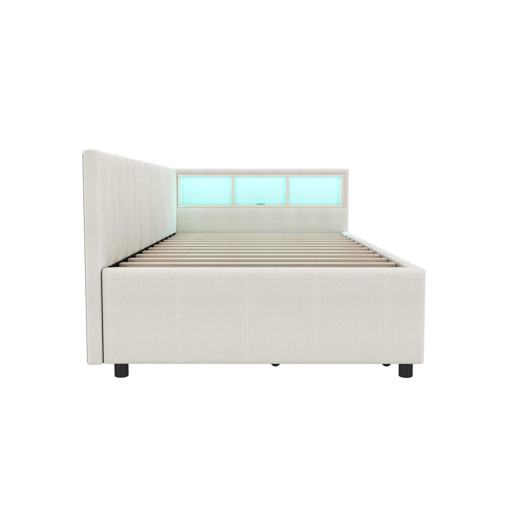 Letto singolo 90x200 cm; LED con USB e Tipo C; 2 cassetti e vani; lino e MDF beige (Senza materasso)