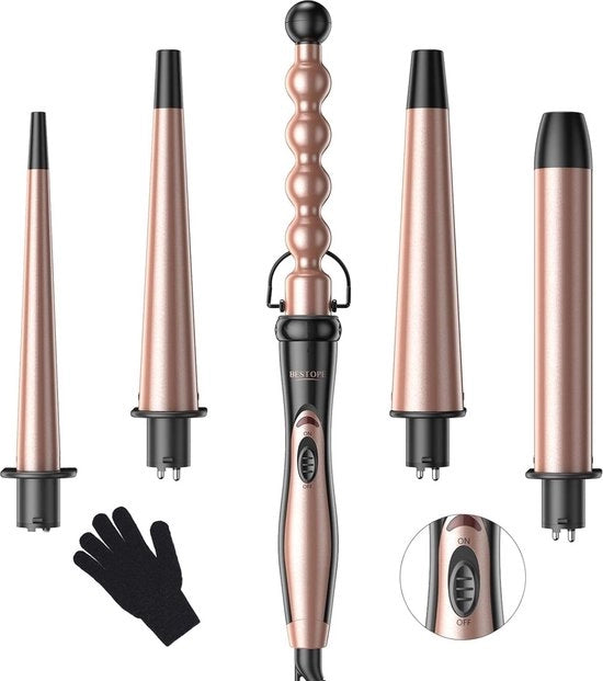 Set di stili per capelli 5 in 1 con smalto ceramico e punti di protezione contro il surriscaldamento per onde e ricci.