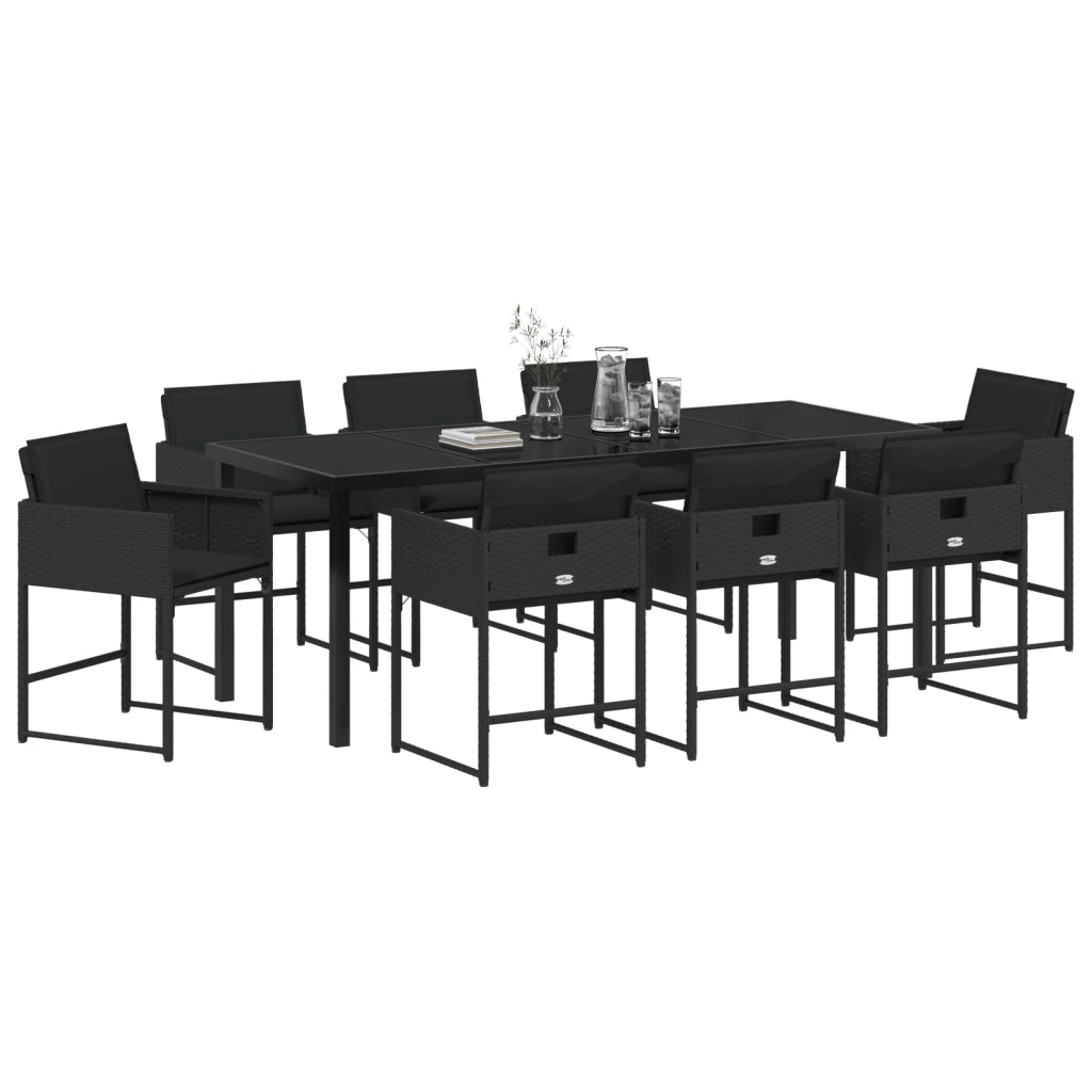 Set da Pranzo da Giardino 9 Pezzi con Cuscini Nero Rattan Polimerico