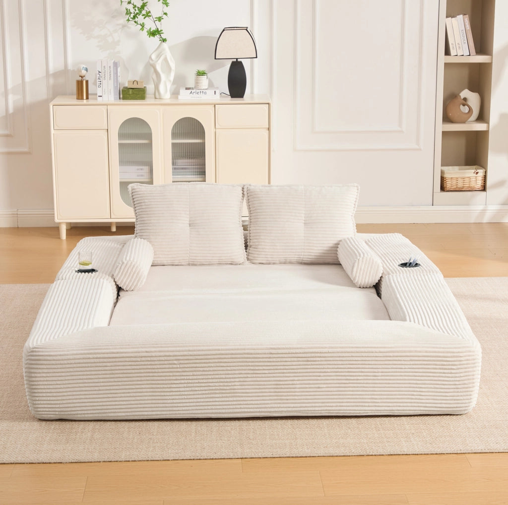 Divano letto modulare in velluto a coste beige con portaoggetti
