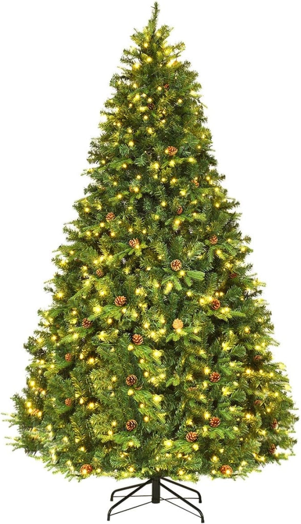 Albero di Natale 240 cm, Albero di Natale con 600 Luci a LED Bianco Caldo, 1335 Rami e Pigne, Decorazione Natalizia per Casa e Negozio (240cm)