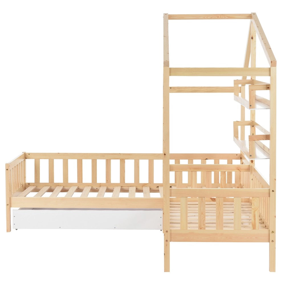 Letto Casetta per Bambini con Cassetti e Doghe ¨C MINIMAL ¨C Legno Massello Naturale 90x200 + 140x70
