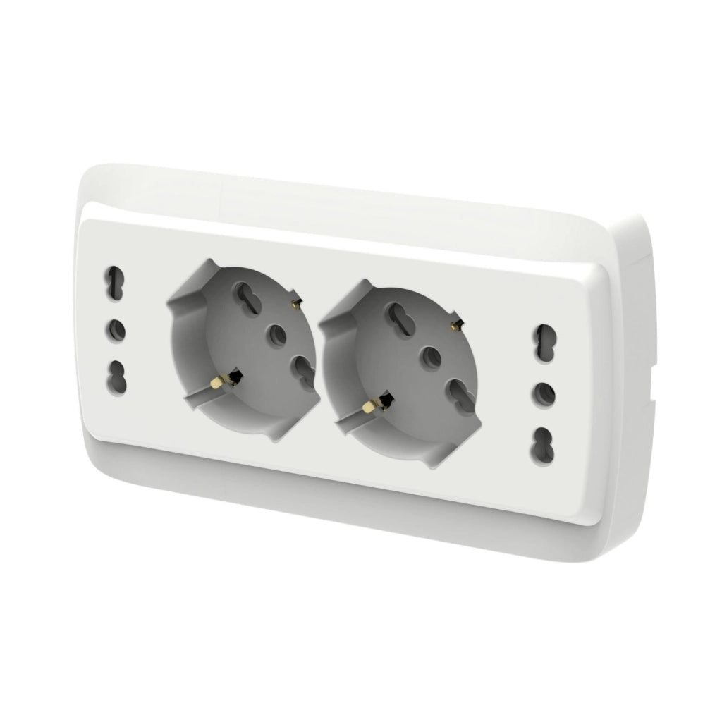 Multipresa Da Incasso Scatola 503 Bianco Opaco, 2 Prese Schuko Universale P40 + 2 Prese Bipasso Italiano 10/16A, 140X80X23mm
