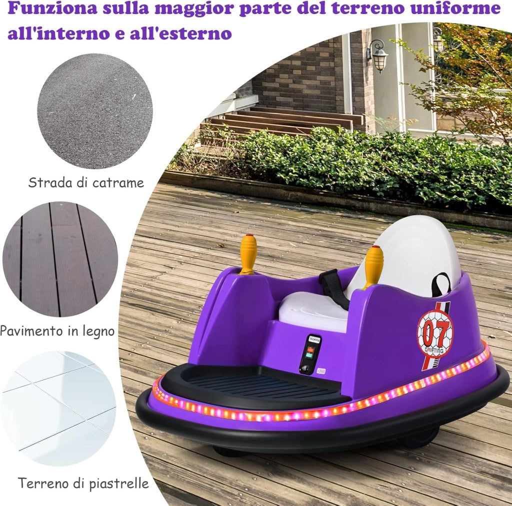 Veicolo Elettrico Macchina Elettrica Design Autoscontro per Bambini, Girevole a 360°, con Luci e Musica, con Telecomando, per Bambini 2-5 Anni (Viola)