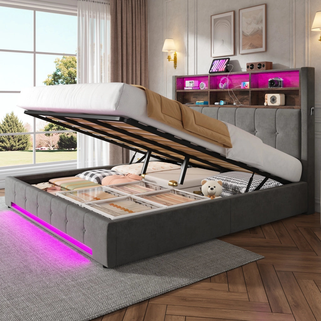 Letto imbottito 180x200 cm idraulico LED USB velluto grigio scuro