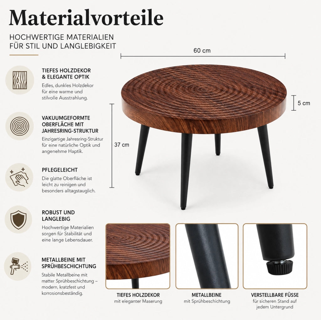 Tavolino da caffè rotondo ? 60 cm in MDF effetto noce e metallo nero