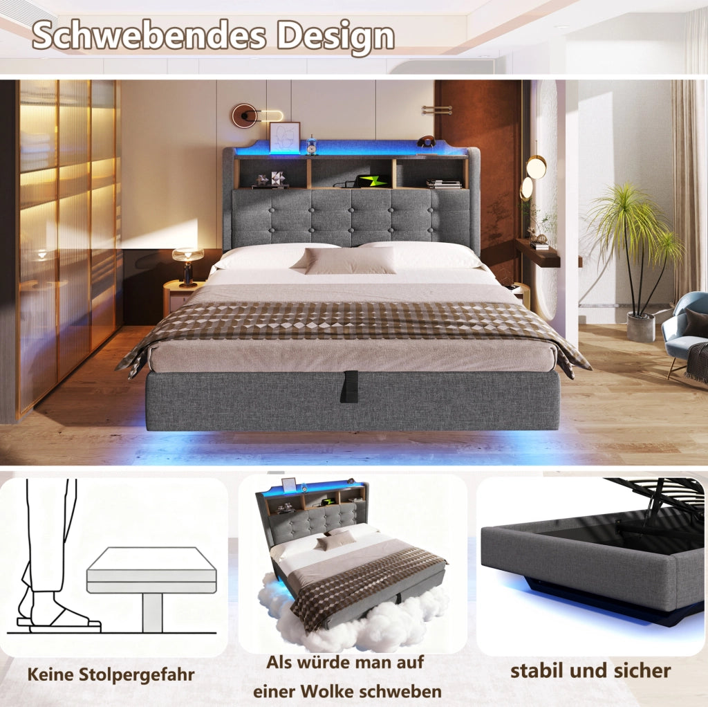 Letto imbottito 140x200 cm grigio con LED, USB e vano contenitore