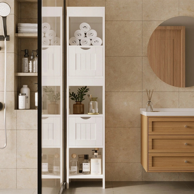 Mobiletto da bagno bianco con colonna con cassetti e ripiano alto, stile loft moderno, 142 cm