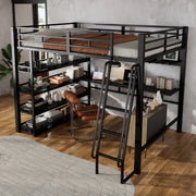OKWISH Letto a soppalco 140×200 cm, Letto Matrimoniale con Mensole, Porta di Ricarica e Scala Inclinata, senza Materasso, Nero