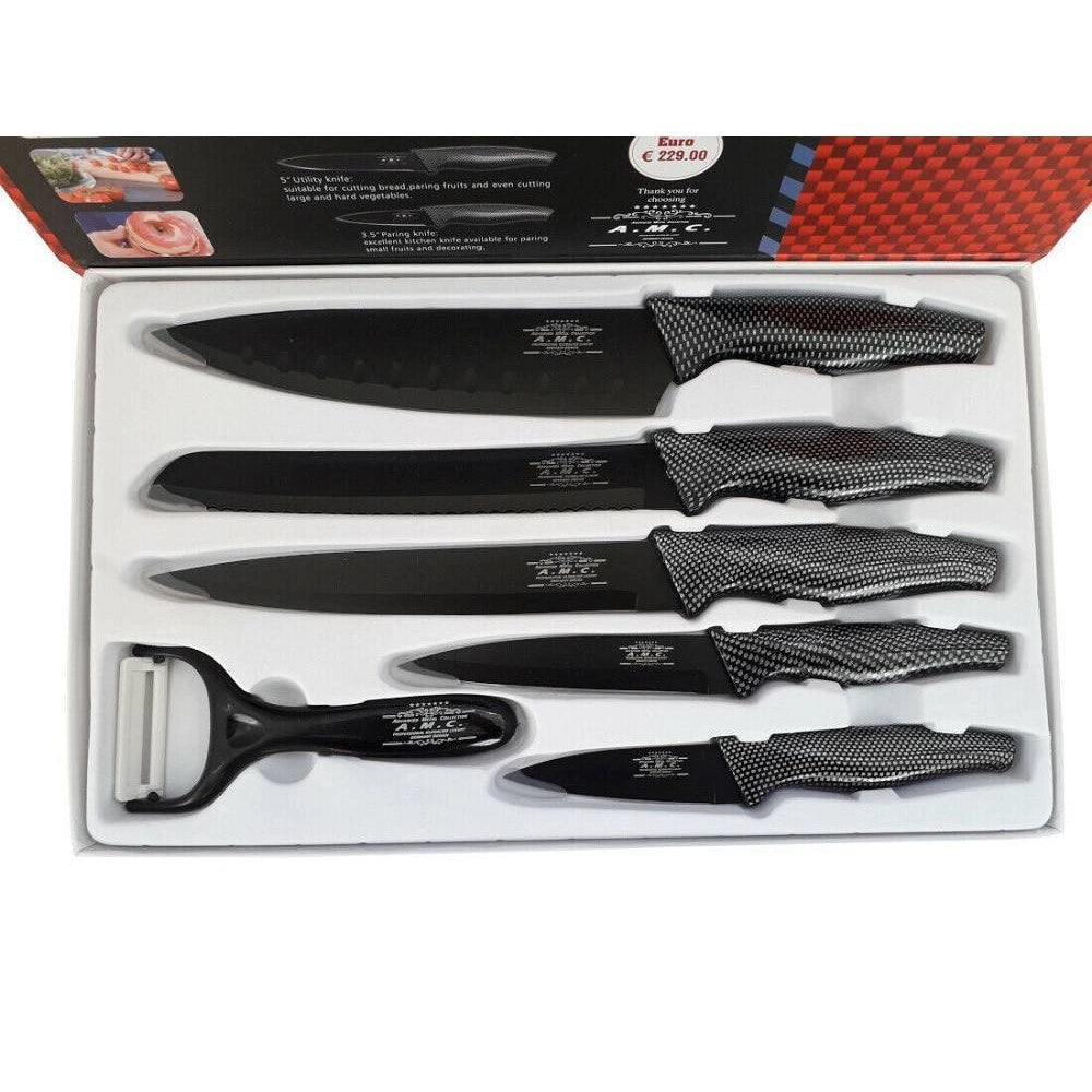Trade Shop - Set 5 Coltelli Da Cucina In Acciaio Effetto Carbonio Piu Pelapatate -