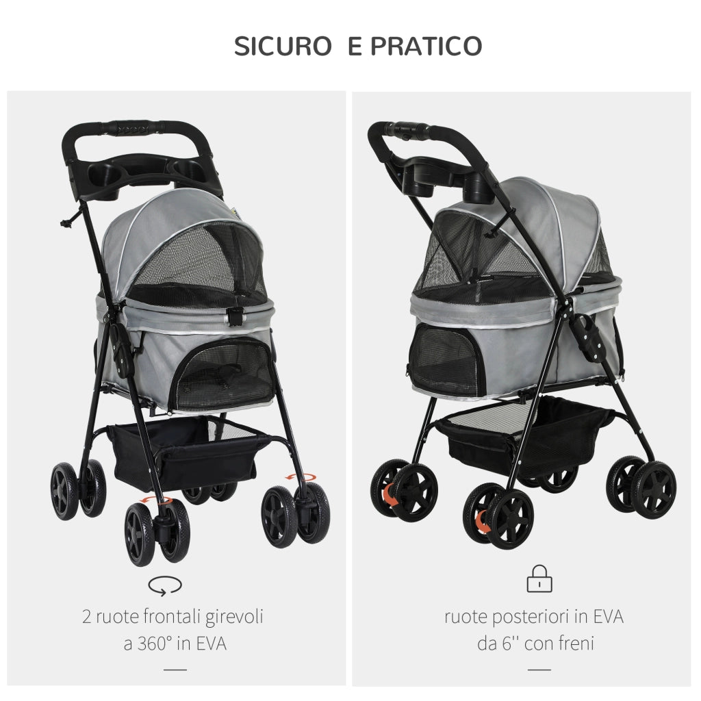 EasyComfort Passeggino per Cani Pieghevole con Guinzaglio di Sicurezza e Cestino Portaoggetti, Grigio