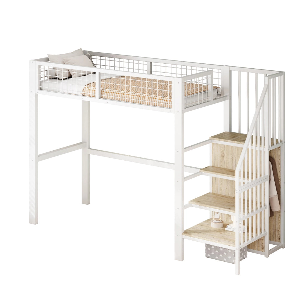 Letto a soppalco 90x200 cm con scala e armadio in metallo bianco