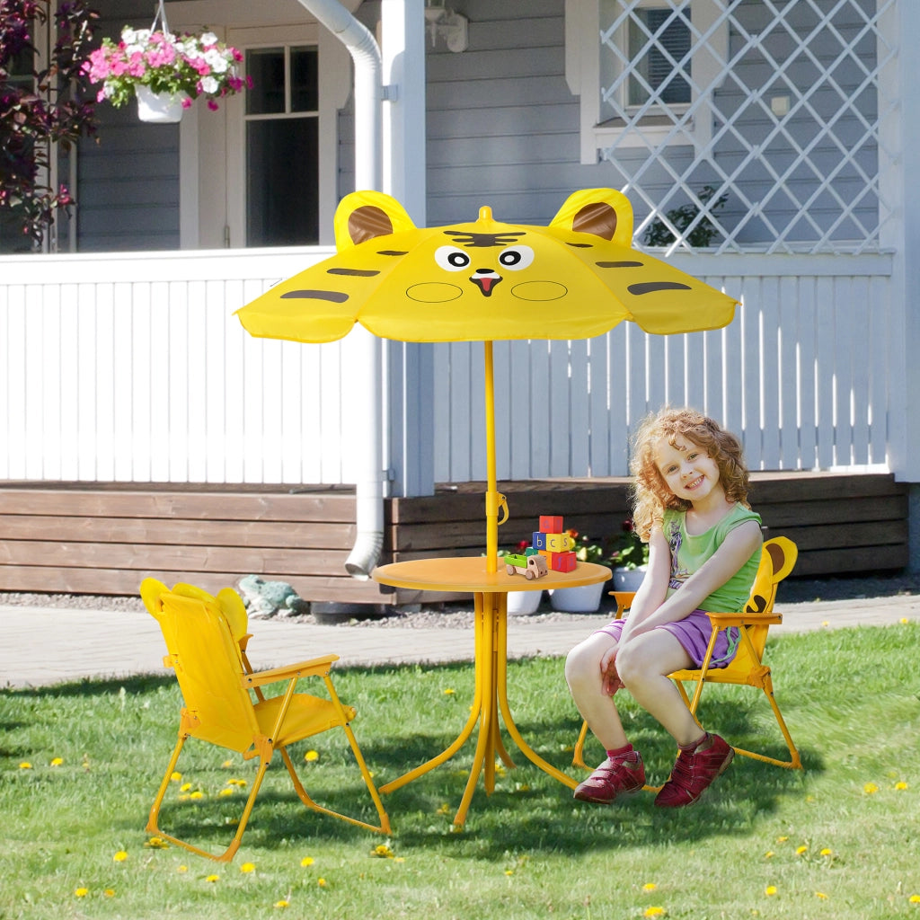 Set 4 Pezzi per Bambini Ombrellone Tavolo Rotondo e 2 Sedie in Acciaio e Tessuto Oxford Giallo