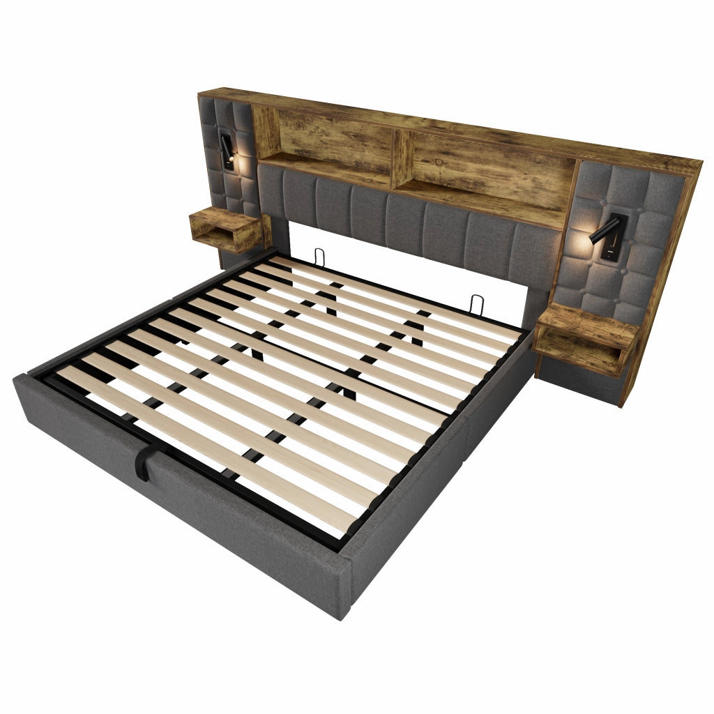 Letto imbottito con contenitore 180x200, LED, lampade da lettura, comodini integrati e porte USB/Type-C