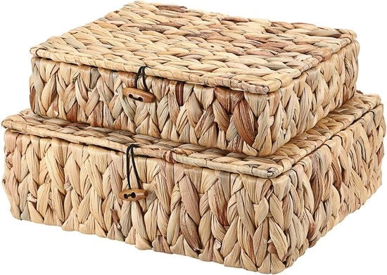 Cesto in vimini con coperchio - Set di 2 contenitori in vimini piatto intrecciato - contenitori in vimini a forma di fiore di acqua - naturale