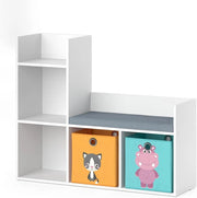 Scaffale per bambini Luigi, Bianco, 107.2 x 88.6 cm con 2 scatole pieghevoli opt.1, con seduta imbottita e quattro ripiani aperti