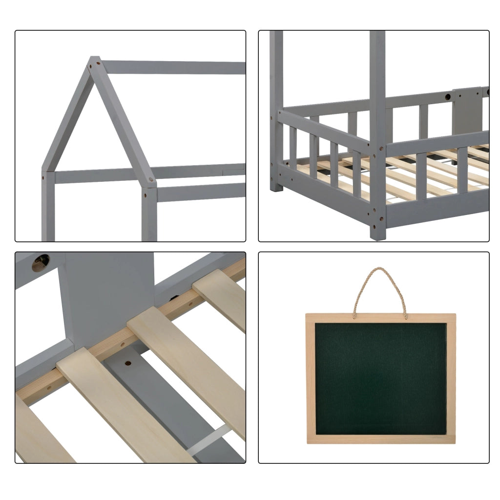 Letto a casetta per bambini 90x200 cm in legno di pino grigio; con lavagna e sponda anticaduta
