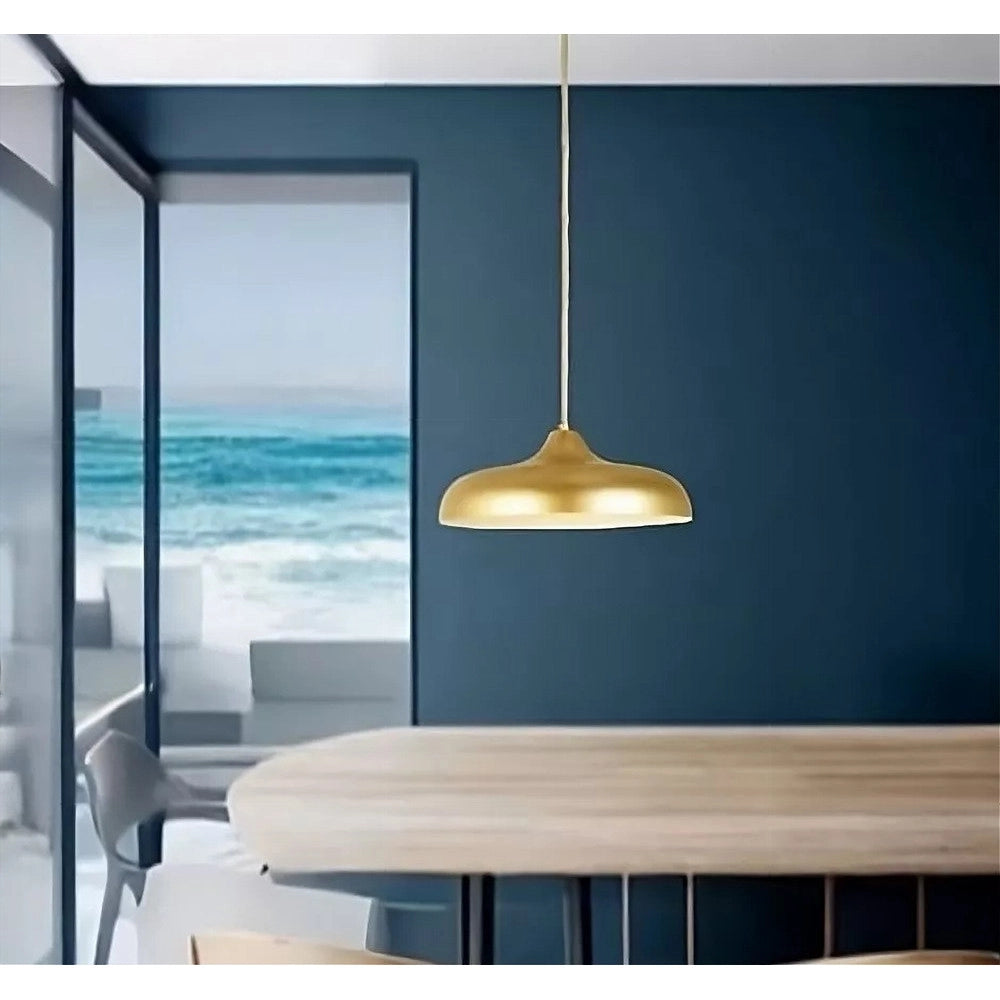 Trade Shop - Lampadario A Sospensione Design Moderno E27 Paralume Ferro Cupola Oro Bianco 33337 -