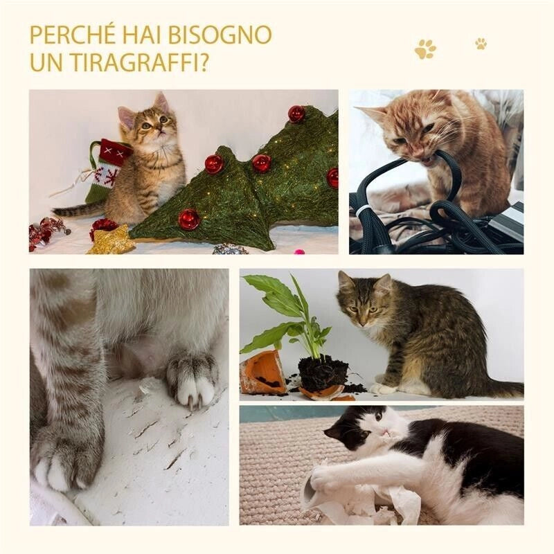 CASETTA PER GATTI CON PALI TIRAGRAFFI IN SISAL, CUSCINI LAVABILI E PALLINA, 35X35X81CM, QUERCIA
